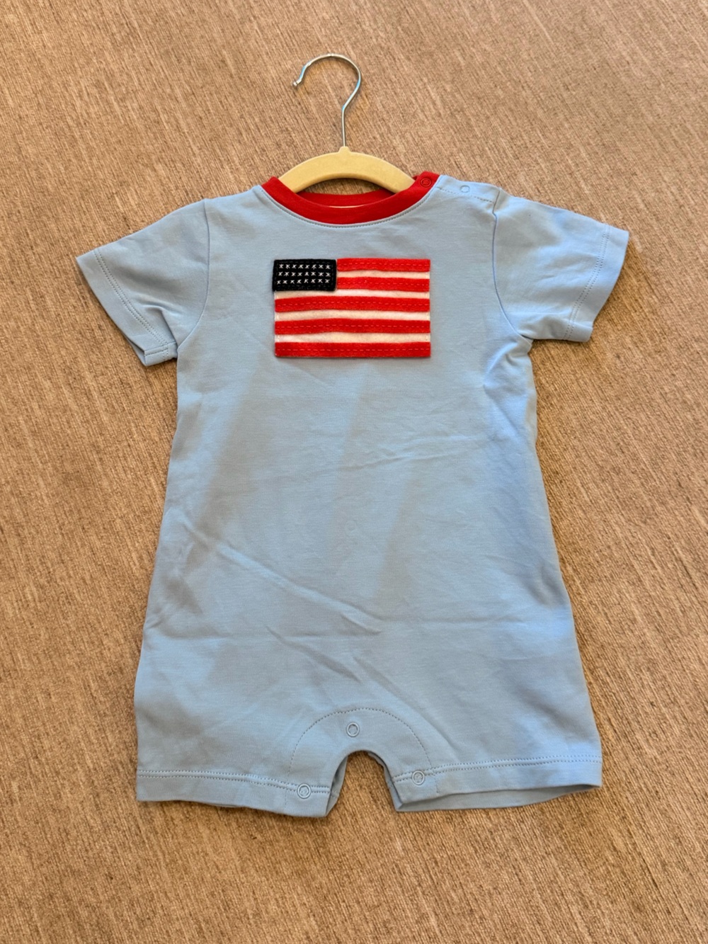 bella bliss Light Blue One-Piece with American Flag Patch and Red Trim